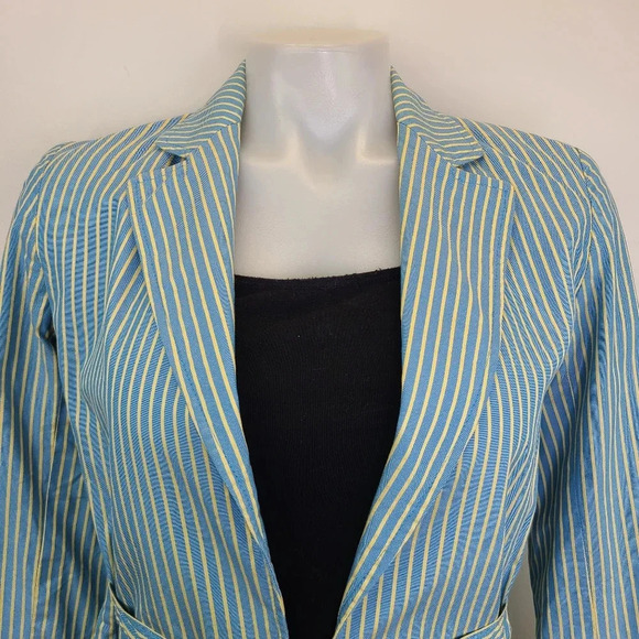 Express Vintage Y2K Pale Blue Yellow Striped Cotton Blazer Jacket 0 - Picture 2 of 10